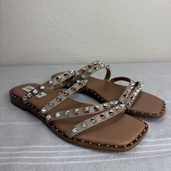 Steve Madden Skylar Slip On Studded Strappy Flat Sandal Bling Tan Silver 7.5 - Picture 1 of 11